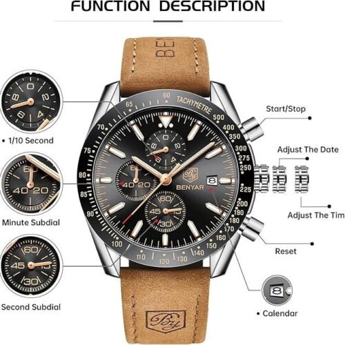 BY BENYAR Mens Watch 100M Waterproof Chronograph Date Watch for Men Brown Leather Strap Quartz Movement Analog Watch Business Casual Gift for Men