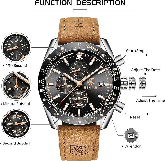 71OO6AQDZrL._AC_SX679_ BY BENYAR Mens Watch 100M Waterproof Chronograph Date Watch for Men Brown Leather Strap Quartz Movement Analog Watch Business Casual Gift for Men
