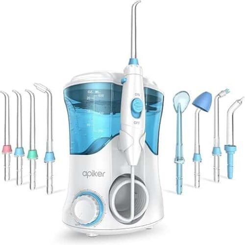 Apiker 600ML Dental Water Flosser, Professional Dental Irrigator with 8 Multifunctional Nozzles, 10 Levels of Pressure, Oral Irrigator for Descaling & Teeth Care
